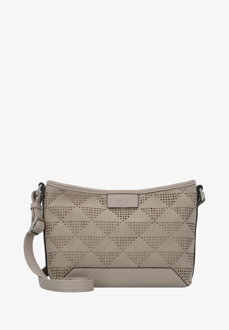 Beige Umhängetasche mit geometrischem Ausschnittmuster, glatter Textur, verstellbarem Riemen und Gabor-Logo-Patch auf der Vorderseite.