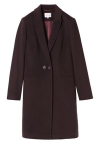 Manteau croisé en mélange de laine brun foncé avec revers crantés, deux poches avant et une doublure en satin d'une teinte plus claire.