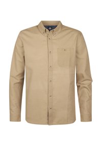 Beige knoopshirt met lange mouwen en knoopkraag, met een borstzak, gemaakt van gladde stof, weergegeven op een effen witte achtergrond.