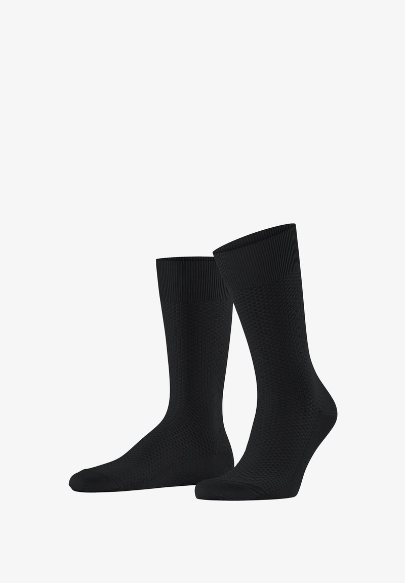 Paquet de deux chaussettes noires mi-mollet avec une texture et des bords côtelés, présentées côte à côte sur un fond blanc.