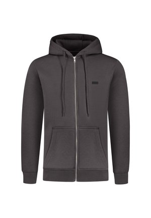 Felpa grigia con zip realizzata in tessuto morbido, dotata di tasca frontale, cappuccio con coulisse e polsini e bordo a costine. Piccolo logo sul petto.