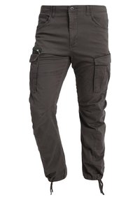 Dunkelgraue Cargo-Hosen mit mehreren Taschen, verstellbaren Bündchen und einem lockeren Schnitt, aus strapazierfähigem Stoff mit glatter Textur.