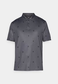 Polo shirt gris foncé en tissu lisse avec un pli à quatre boutons, présentant des motifs géométriques noirs et des manches courtes.