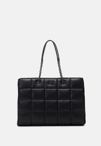 Black quilted handbag made of leather with a rectangular shape, featuring chain handles and embossed logo on the front.