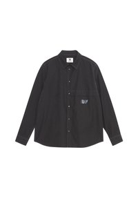 Black long-sleeve shirt made of cotton, featuring a button-up design, a chest pocket, and contrasting stitching details.