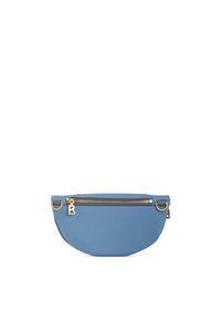 Borsetta blu realizzata in materiale liscio, con cerniera dorata, un charm con la lettera "B" e una silhouette arrotondata con base piatta.