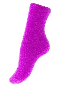 Chaussette floue, de mi-mollet, d'un violet éclatant, avec une texture douce et un design à orteil arrondi, sans motifs ni accents visibles.