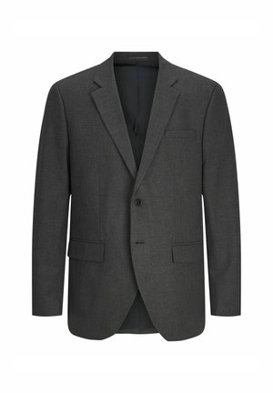 Blazer gris avec revers crantés, fermeture à un bouton, deux poches avant et une poche poitrine. Fabriqué dans un tissu texturé avec une coupe ajustée.