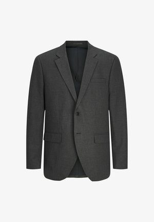 Szürke blézer, kerek nyakkivágással, egysoros gombos záródással, két elülső zsebbel és egy mellzsebbel. Texturált anyagból készült, testhezálló fazon.