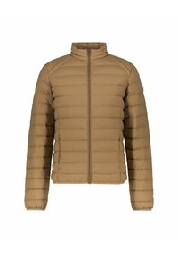 Giubbotto imbottito di colore marrone chiaro con motivo di cuciture verticali, colletto alto e zip frontale. Presenta maniche aderenti e dettagli elasticizzati ai polsini.