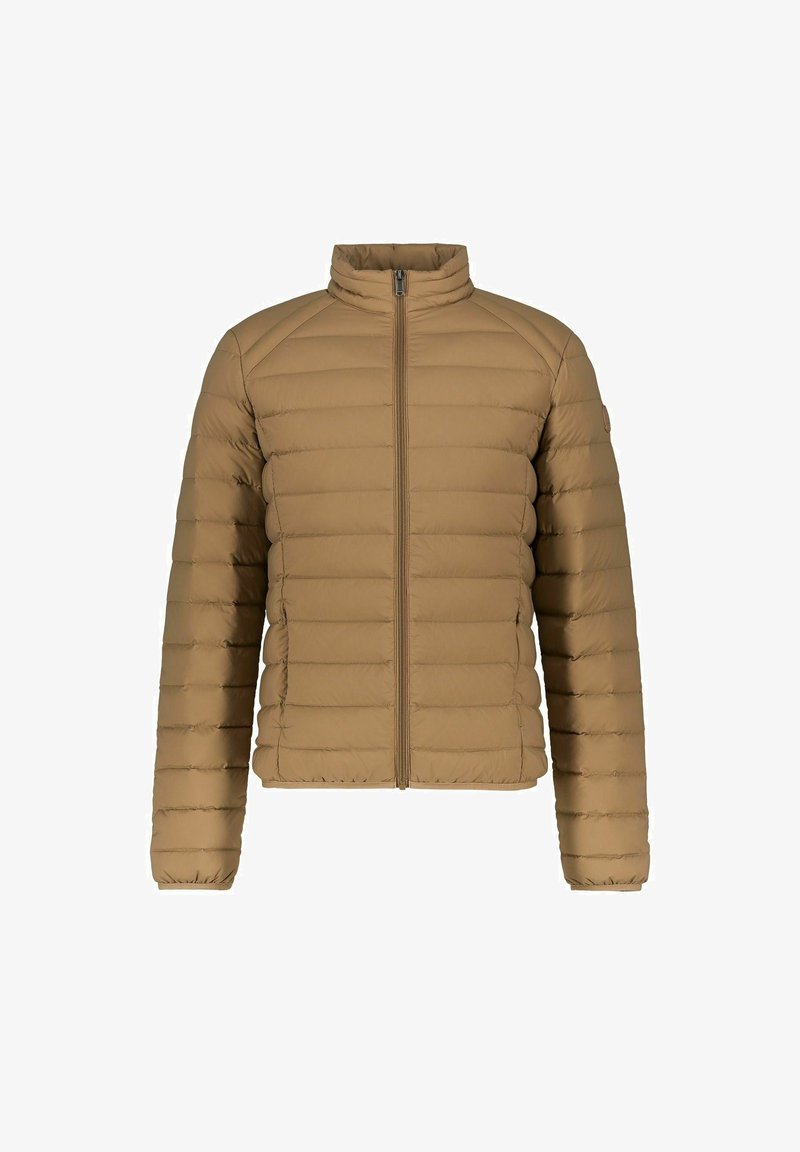 Giubbotto imbottito di colore marrone chiaro con motivo di cuciture verticali, colletto alto e zip frontale. Presenta maniche aderenti e dettagli elasticizzati ai polsini.