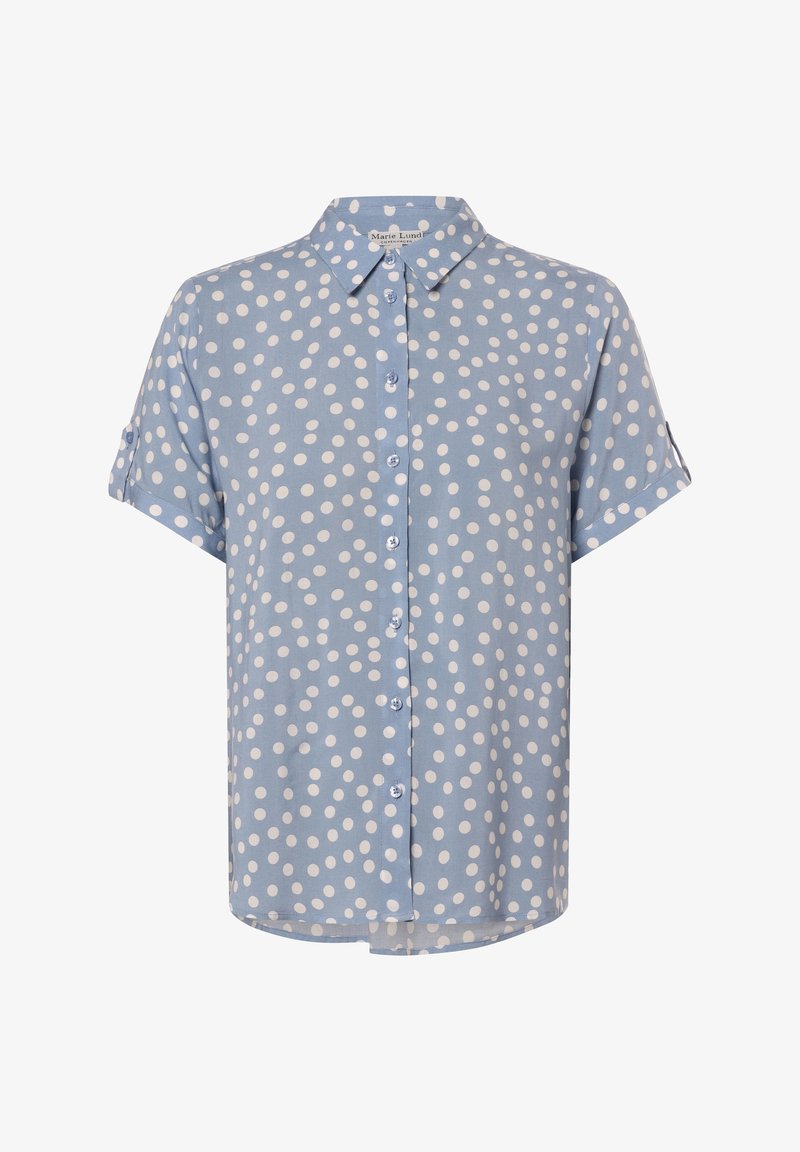Chemise bleu clair à manches courtes avec des pois blancs et un col classique, présentée sur fond blanc.