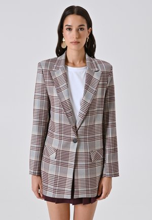 Karierte Blazer in Beige-, Braun- und Blautönen mitreversiertem Kragen, einreihigem Knopfverschluss, zwei Vorderaschen und einer lockeren Passform.