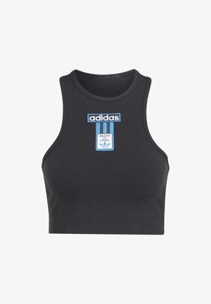 Black ribbed crop top with a round neckline, featuring blue Adidas logo and label on the front. Fabric appears stretchable and fitted.