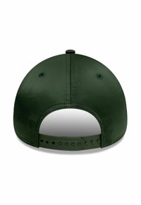 Green baseball cap with a curved brim, smooth fabric, adjustable plastic strap at the back, and ventilation holes on the sides.