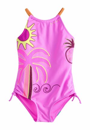 Costum de baie întreg roz, cu broderii galbene reprezentând un soare, o palmier și un ananas, având bretele subțiri portocalii la umeri și legături laterale.