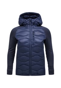 Námornícky modrá zateplená bunda s prešívaným telom, hladkými rukávmi, zipsovými vreckami a kapucňou pre dodatočné teplo a ochranu.