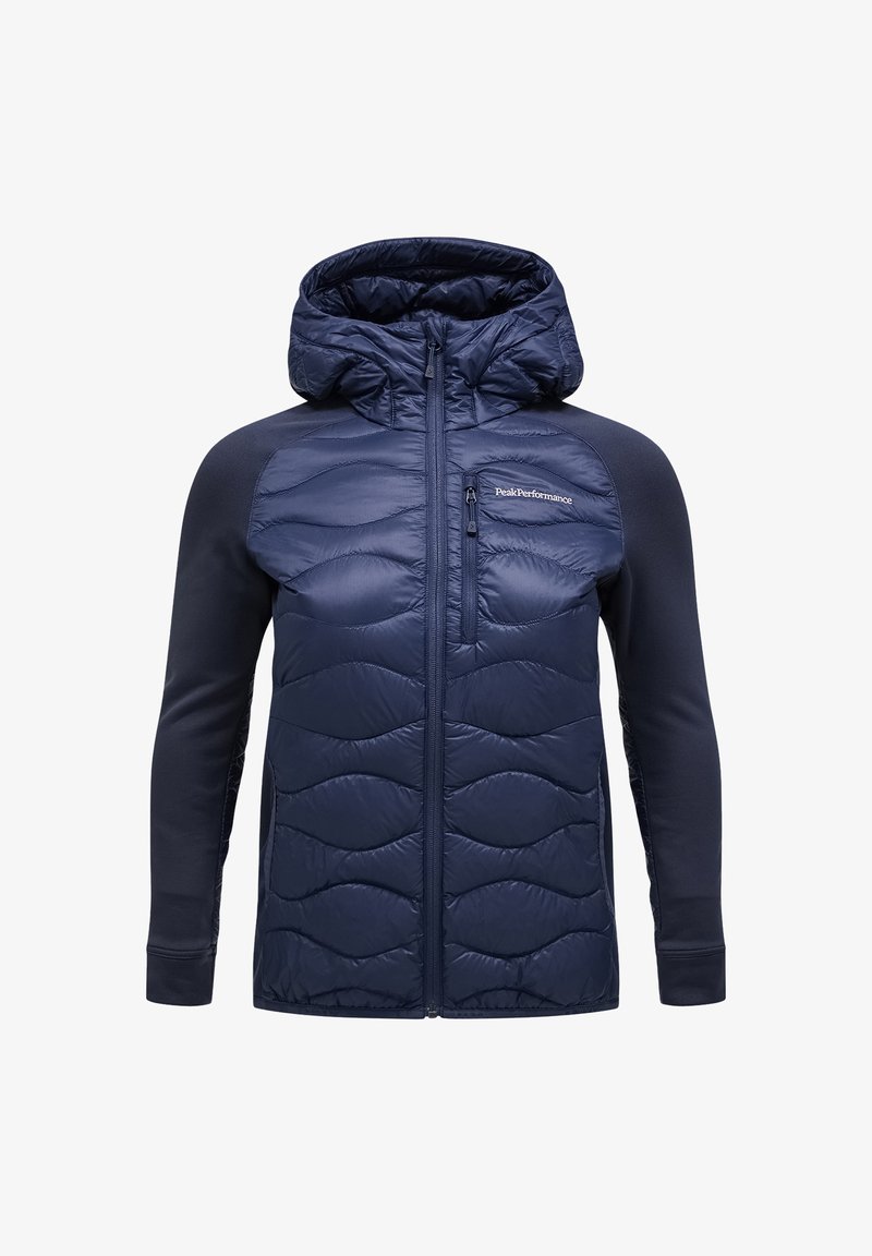 Giacca isolata blu navy con corpo trapuntato, maniche lisce, tasche con zip e cappuccio per un calore e una protezione aggiuntivi.