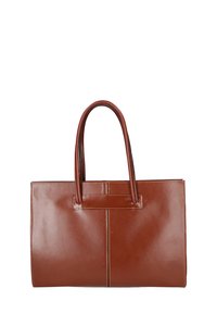 Borsa a mano in pelle marrone con due manici, forma rettangolare, superficie liscia e cuciture minime. Presenta una cucitura centrale come dettaglio di design.