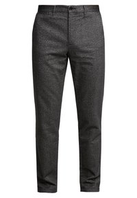 Šedé vzorované kalhoty se slim fit střihem, vyrobené z texturované tkaniny. Mají přední zapínání na knoflík a poutka na opasek.
