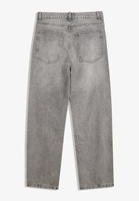 Gray denim jeans with a straight leg, five-pocket design, and visible stitching. Back features two patch pockets and a waistband.