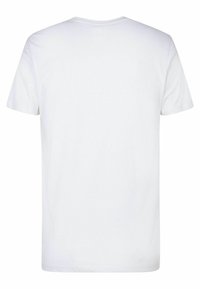 T-shirt bianco in cotone con maniche corte, scollo rotondo e una texture liscia. Presenta un colore uniforme senza motivi o dettagli.
