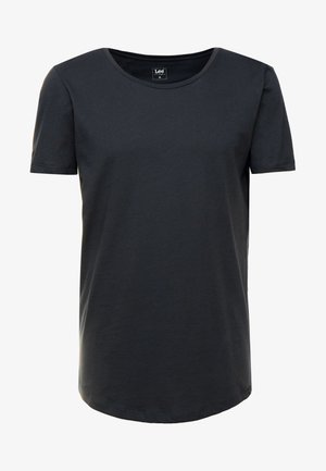 Schwarzes T-Shirt mit kurzen Ärmeln aus weicher Baumwolle. Es besitzt einen runden Ausschnitt und einen geraden Schnitt mit einem schlichten Design.