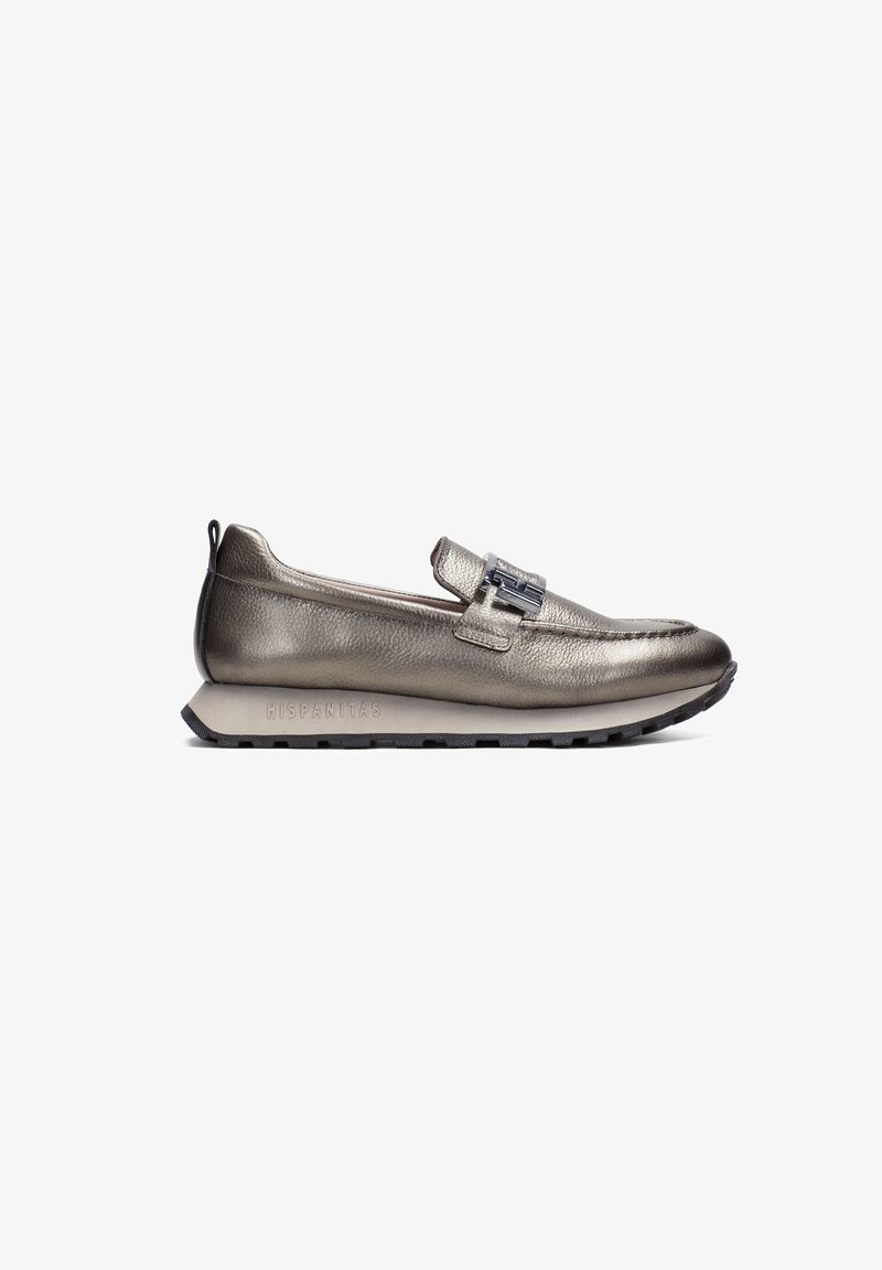 Metalen grijze instapschoenen met een gladleren bovenwerk, decoratieve band en een lichtgewicht rubberen zool. Voorzien van gestructureerde oppervlakte details.