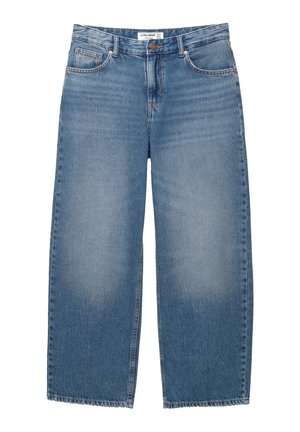 Wide-leg jeans made of light blue denim. Features include classic five-pocket styling, a button closure, and frayed hems.