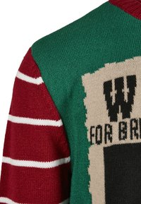 Stickad tröja med gröna och röda sektioner, med vita ränder på ärmen. En grafisk design med blockbokstaven 'W' och text är synlig.