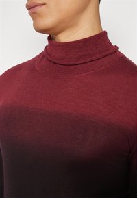 Pull col roulé bordeaux en maille douce, présentant un effet ombré progressif se dégradant vers des teintes plus foncées à l'ourlet et un col ajusté.