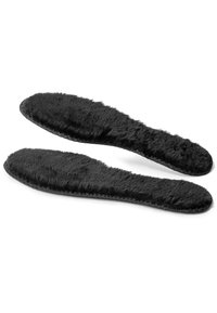 Black fuzzy insoles with a soft texture and rounded shape, featuring a stitched edge for durability. Designed for comfort and warmth.