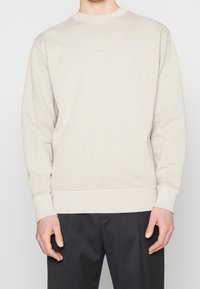 Felpa beige chiaro con collo tondo, logo discreto sul petto, polsini e orlo a coste, e una vestibilità rilassata. Adatta per un abbigliamento casual.