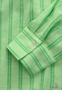 Camicia a maniche lunghe in lino di colore verde chiaro con righe verde scuro. Presenta un polsino con bottoni e un tessuto liscio e strutturato.
