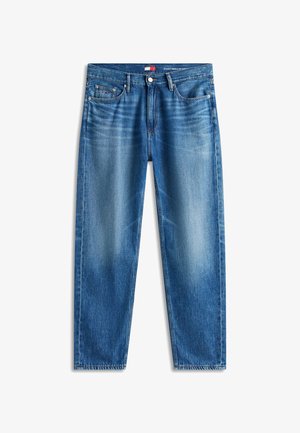 Blaue Jeans mit geradem Bein, verwaschener Optik, Metallknopf, Fünf-Taschen-Design und Tommy Hilfiger-Logo auf der rechten Vorderseite der Tasche und am Bund.