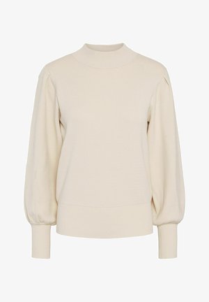 Beige strikket sweater med høj krave, afrundede skuldre og pufærmer; ribbede manchetter og kanten; blød tekstur, enkel design.