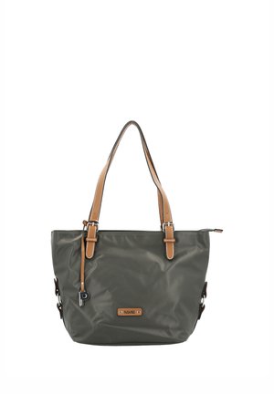 Bolsa tote gris oscuro con asas de cuero beige, detalles de hebillas laterales, cierre de cremallera y una pequeña etiqueta de marca en el frente.