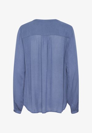 Hele sinine pika varrukaga särk pehme tekstuuriga, mugava lõikega, selja voldidega ja nööpidega randmetega. Kangas näeb välja kerge ja veidi läbipaistev.