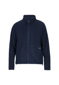 Giacca zip-up blu navy con colletto alto, tessuto testurizzato, tasche laterali e logo sulla parte sinistra. Vestibilità casual.
