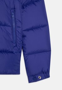 Sezione della giacca a vento viola con tasca con zip, texture liscia e polsino elastico con dettaglio a bottone a pressione.