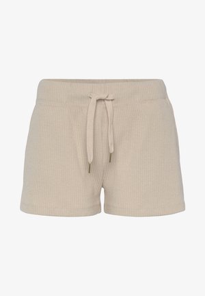 Bež kratke hlače s rebrastim uzorkom, elastičnim pojasom i vezicom. Sadrže zlatne detalje na kraju vezice. Mekana tekstura, ležeran dizajn.