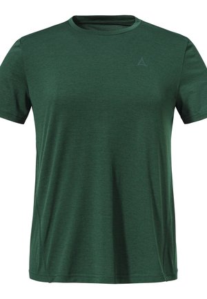 Grünes Kurzarm-T-Shirt mit geripptem Stoff, Rundhalsausschnitt und einem dezenten Logo auf der oberen linken Seite. Weicher, atmungsaktiver Stoff.