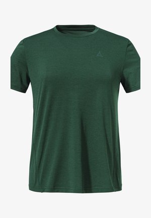 Grünes Kurzarm-T-Shirt mit geripptem Stoff, Rundhalsausschnitt und einem dezenten Logo auf der oberen linken Seite. Weicher, atmungsaktiver Stoff.