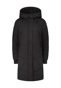 Cappotto imbottito nero con cappuccio, dotato di una chiusura frontale con bottoni, due tasche laterali con zip e dettagli a cucitura a zigzag. Realizzato in un materiale liscio.