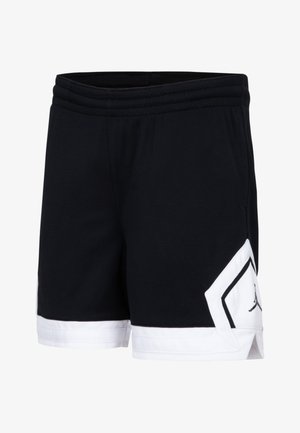 Shorts sportivi neri con orlo bianco, caratterizzati da un design geometrico e un logo in basso a sinistra. Realizzati in tessuto testurizzato, con vita elasticizzata.