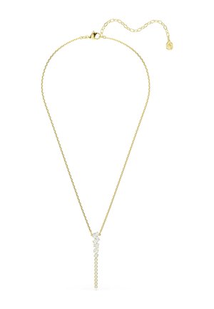 Goldkette mit verstellbarem Verschluss und einem vertikalen Anhänger aus kleinen, funkelnden klaren Edelsteinen, die in einer Linie angeordnet sind.