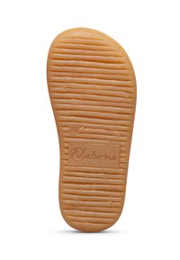 Přírodní gumová podešev s texturovaným povrchem, oranžové barvy, s vodorovnými drážkami a otiskem loga "Naturino".