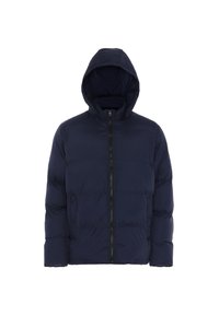Navyblauwe pufferjack met een capuchon, met een rits aan de voorkant en een gewatteerd ontwerp. Gemaakt van een glad, lichtgewicht, isolerend materiaal.