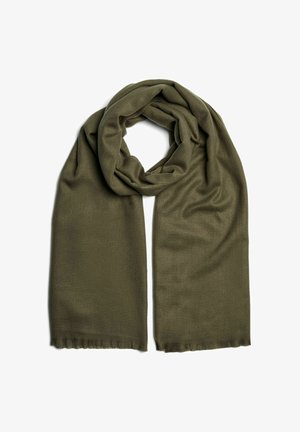 Oliivinvihreä huivi, joka on valmistettu pehmeästä kankaasta. Siinä on sileä pinta ja pitkä, virtaava muotoilu, jossa on hapsureunat.