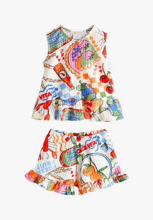 Ärmelloses Oberteil mit Knopfleiste und Shorts mit elastischem Bund, bunten Essen- und Fruchtillustrationen und Rüschen an den Säumen.